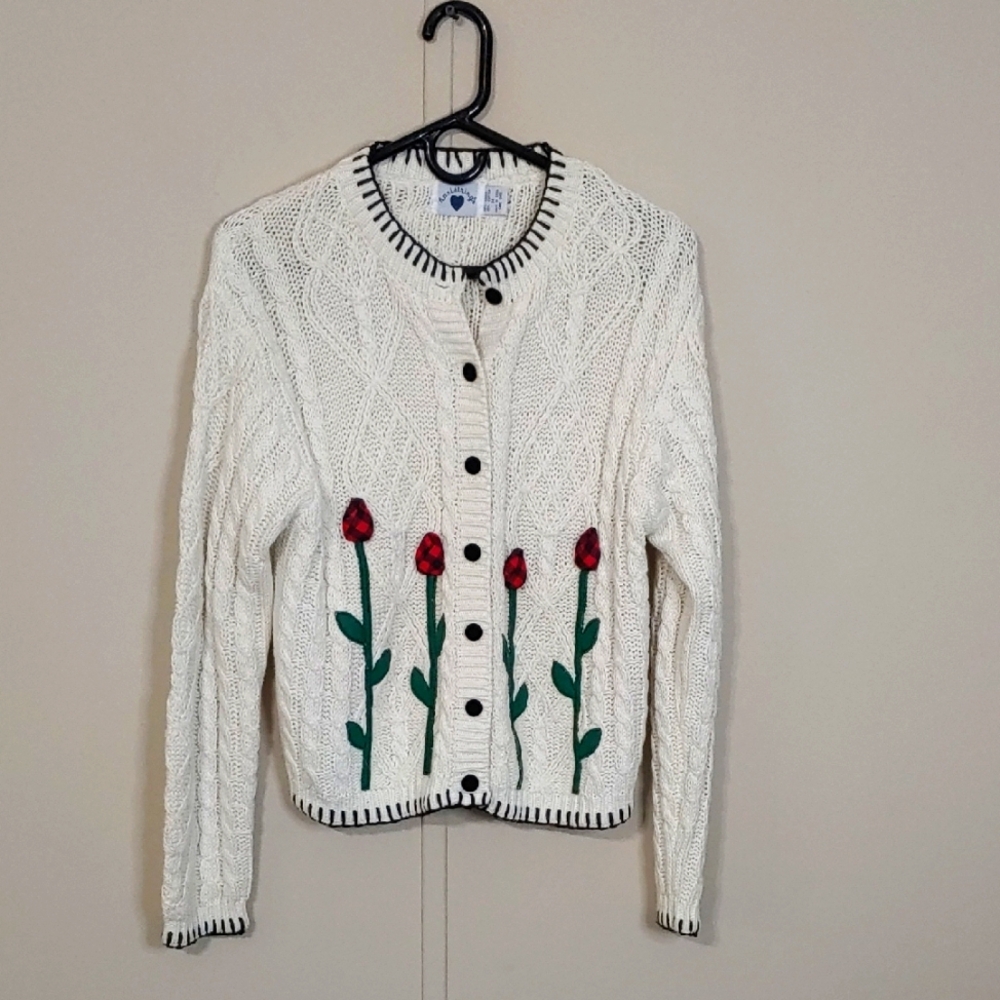 VTG Hartstrings Cardigan Women's White Cableknit Textured Floral Sweater Size M
